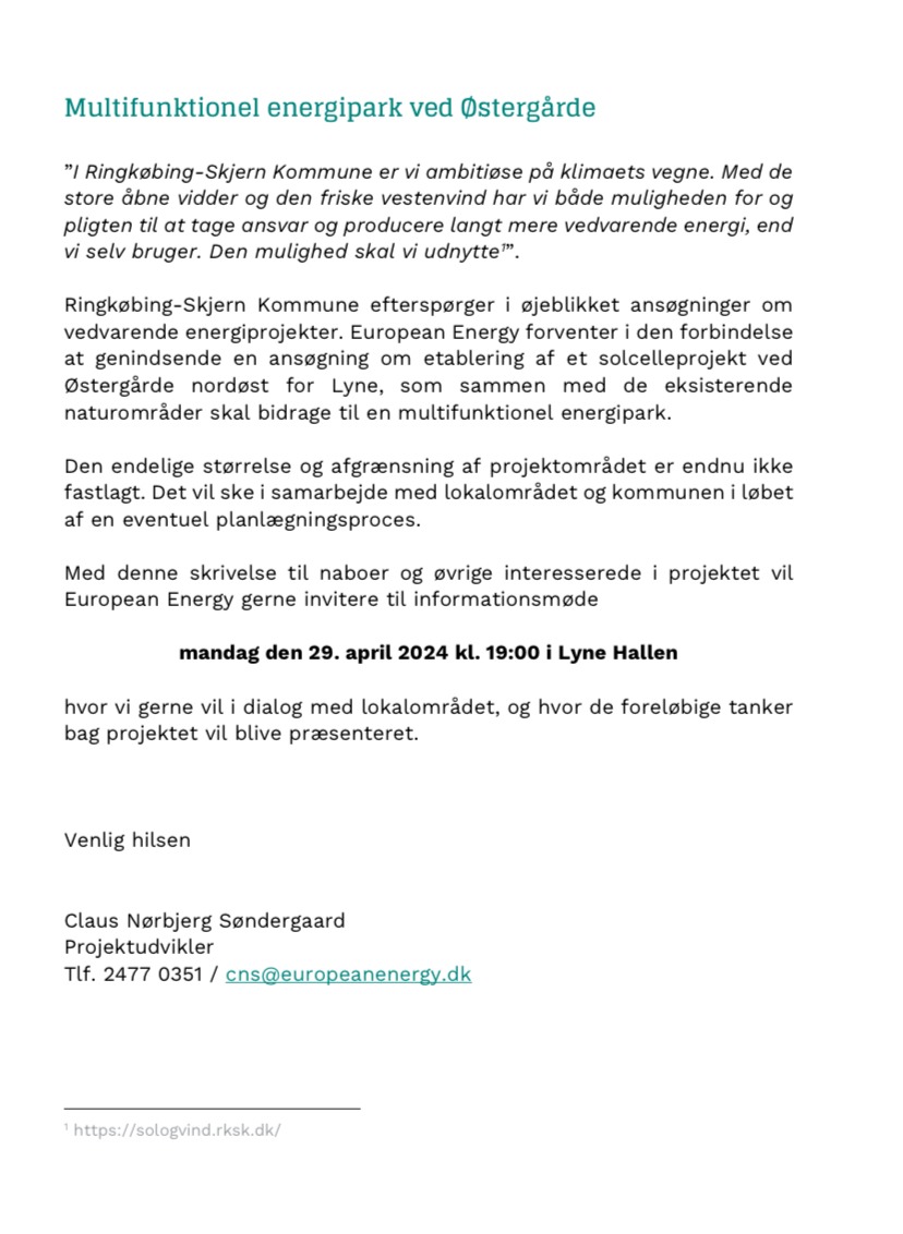 Informationsmøde energipark i Østergårde @ Lyne Hallen